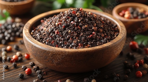 a wooden bowl filled with dark finely crushed isotbiber urfa pepper sits on a wooden surface the deep rich color of the pepper flakes highlights their smoky and mildly spicy nature