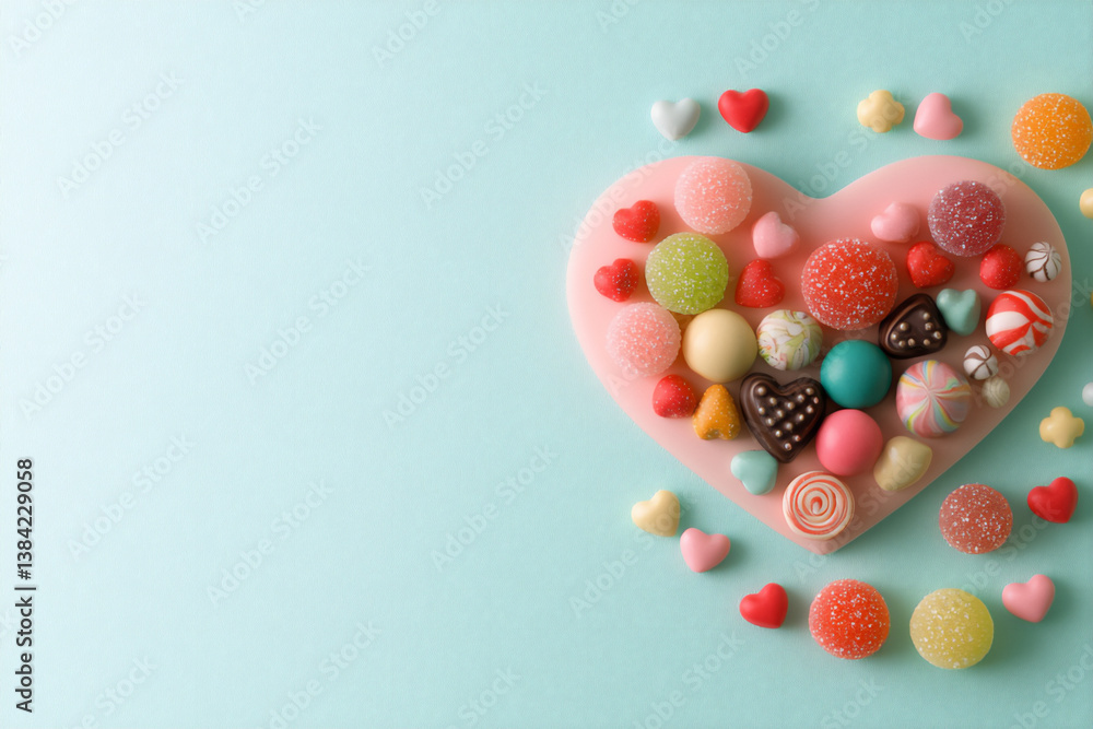 Obraz premium p: a flat-lay image of a variety of colorful candies and chocolates arranged in the shape of a heart