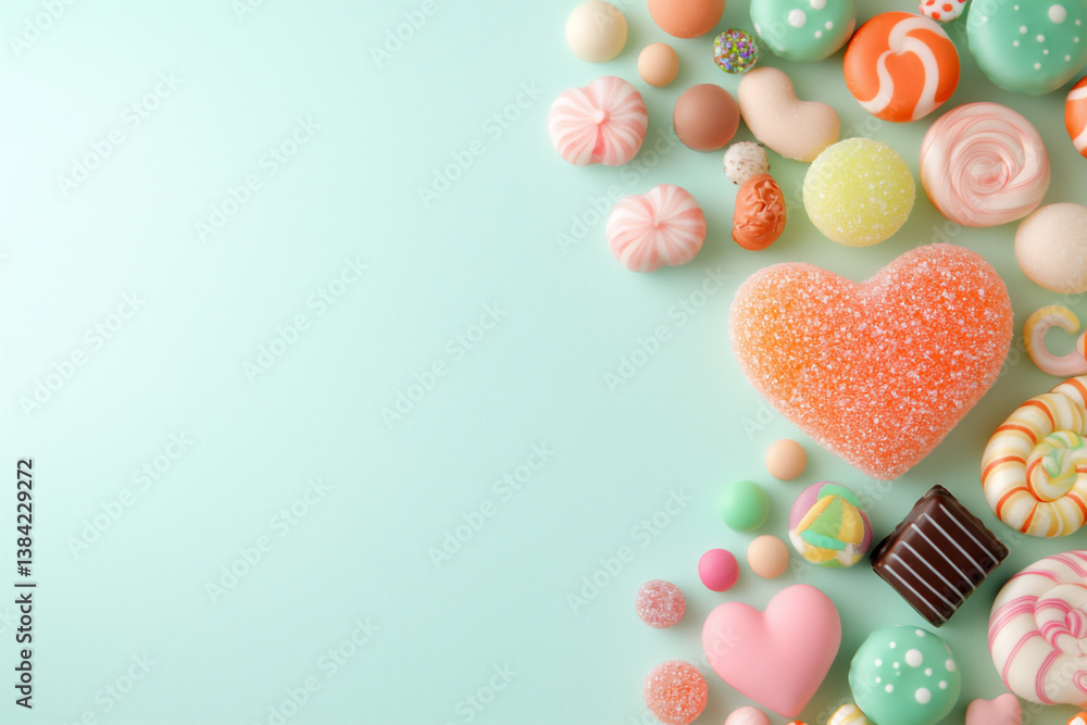 p: a flat-lay image of a variety of colorful candies and chocolates arranged in the shape of a heart p: a flat-lay image of a variety of colorful candies and chocolates arranged in the shape of a heart