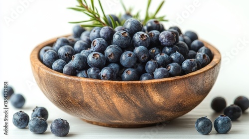 Wallpaper Mural a wooden bowl filled with dried juniper berries sits on a wooden surface on a white background Torontodigital.ca