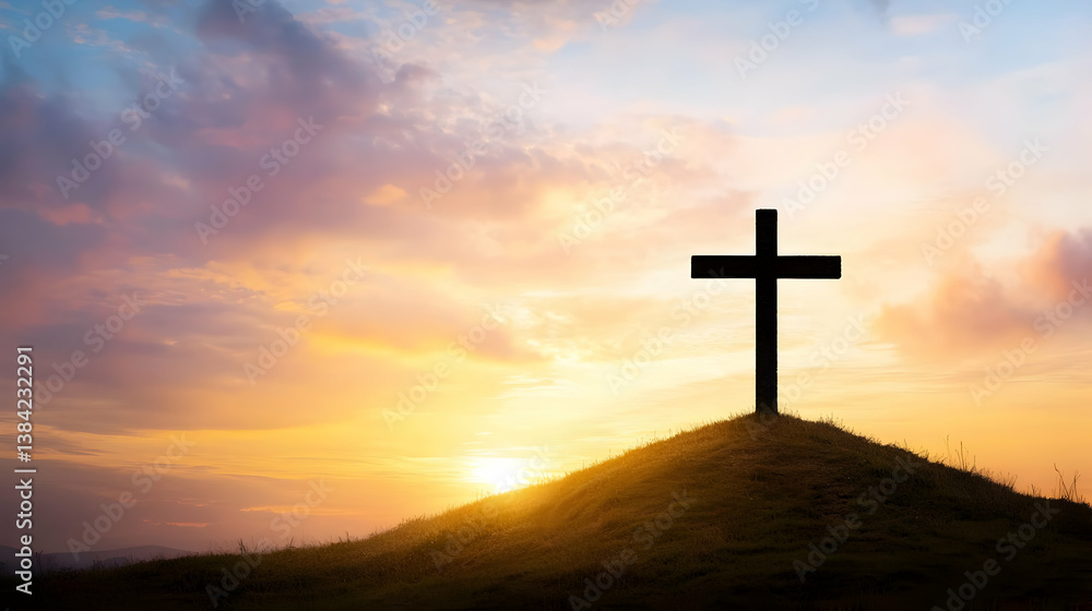 Silhouette Cross On Hilltop At Sunset Silhouette Cross On Hilltop At Sunset