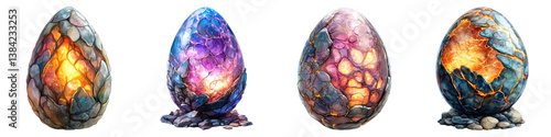 collection of mystical dragon eggs, each uniquely colored and glowing with vibrant hues, resting on rocky bases
