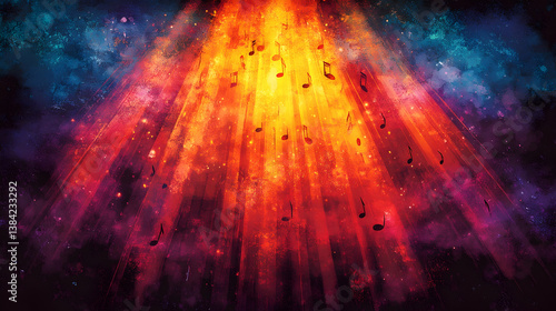 Abstract painting of music notes falling from a bright light in the sky set against a colorful cosmic background
