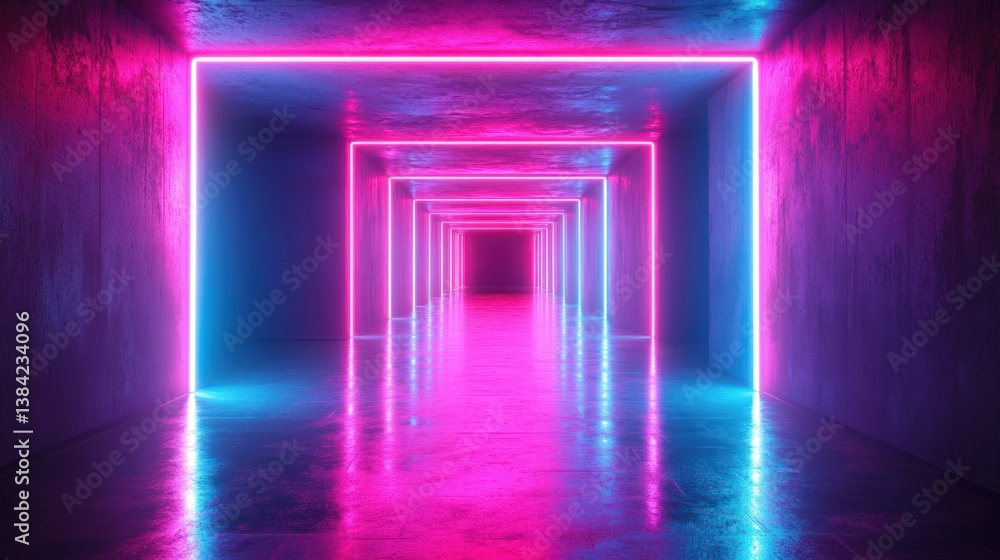 Pink & blue neon lights in a dark, reflective corridor Pink & blue neon lights in a dark, reflective corridor