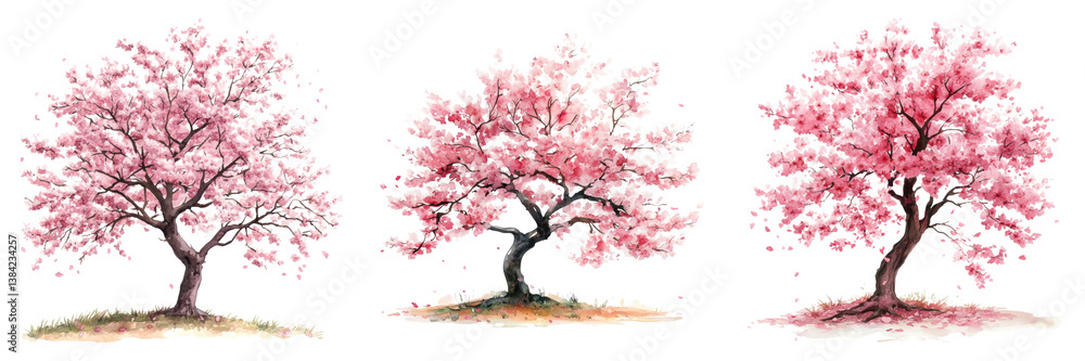 serene collection of cherry blossom trees, showcasing their delicate pink flowers and graceful forms, evokes tranquility serene collection of cherry blossom trees, showcasing their delicate pink flowers and graceful forms, evokes tranquility