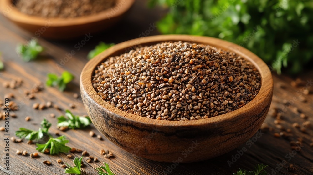 a wooden bowl filled with dried parsley seeds sits on a wooden surface the light background highlights the small brown seeds and their natural texture,stock image a wooden bowl filled with dried parsley seeds sits on a wooden surface the light background highlights the small brown seeds and their natural texture,stock image