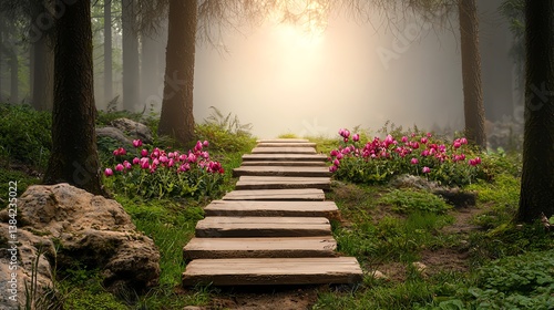 pathway of steps leading to light, representing strategic thinking, dark background with glowing effects, conceptual business idea