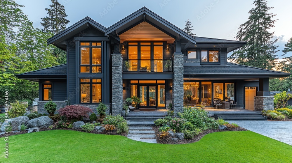 Luxurious modern home at dusk, landscaped yard, trees Luxurious modern home at dusk, landscaped yard, trees
