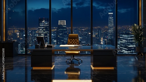 Luxurious penthouse office at night overlooking cityscape