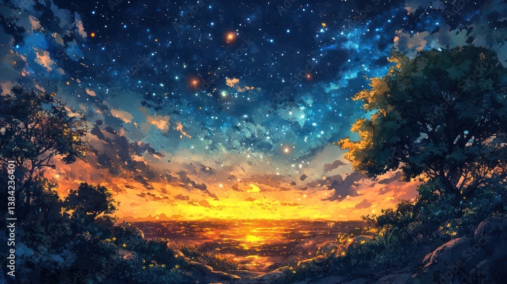 Sunset ocean, starry night sky, trees, peaceful landscape, digital art, fantasy background Sunset ocean, starry night sky, trees, peaceful landscape, digital art, fantasy background