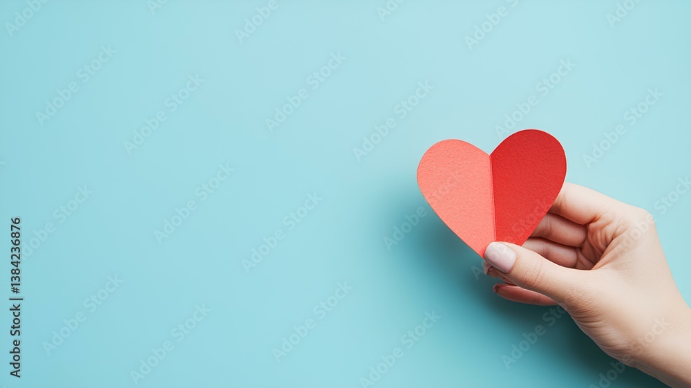 hand holding red paper red heart on blue background with copy space hand holding red paper red heart on blue background with copy space