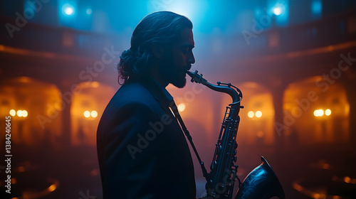 Man plays saxophone in a dimly lit venue with blue  orange hues Formal wear hair up Creates a sense of intimacy and