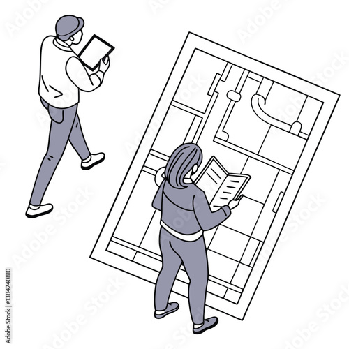 Minimal style hand-drawn vector illustration of people in architectural drawings — top view of human figures for use in sections, elevations, and floor plans.