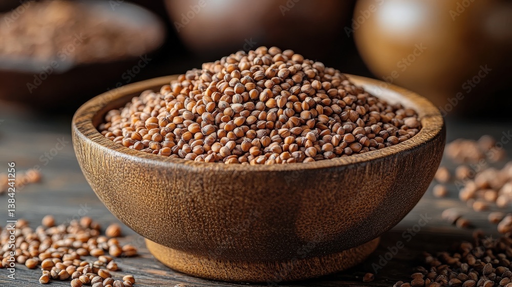 a wooden bowl filled with karabu day buckwheat sits on a wooden surface the triangular shaped grains are heaped together showcasing their earthy brown color and natural texture,stock image a wooden bowl filled with karabu day buckwheat sits on a wooden surface the triangular shaped grains are heaped together showcasing their earthy brown color and natural texture,stock image