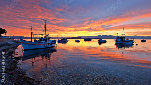 Fishing Boats Silhouetted Against A Fiery Sunset Sky Reflecting On Calm Coastal Water