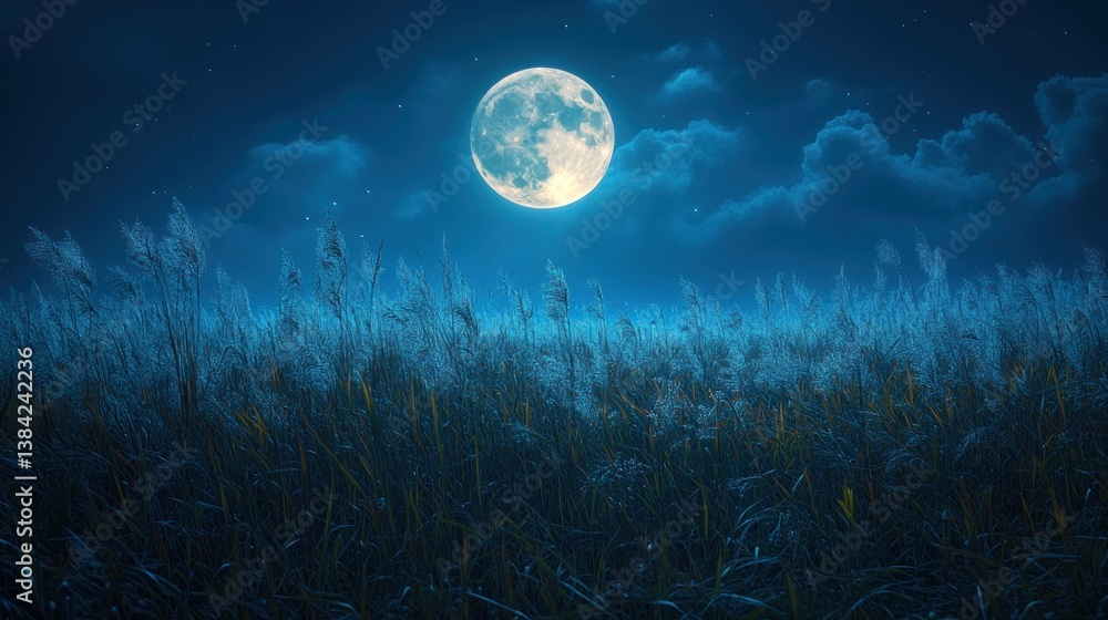 Fototapeta premium Full moon over serene night field