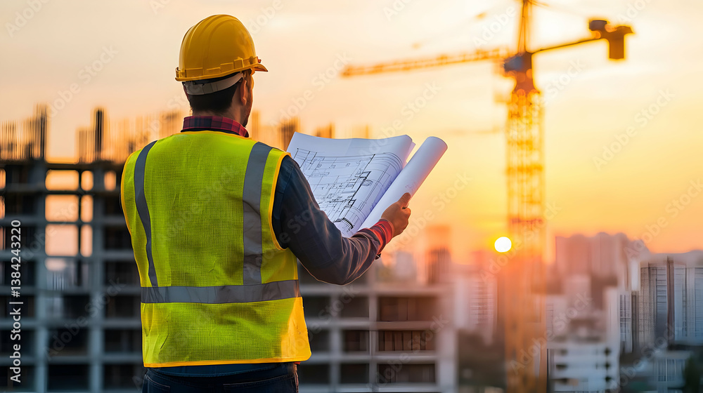 Construction Worker Reviewing Plans At Sunset Construction Site Construction Worker Reviewing Plans At Sunset Construction Site