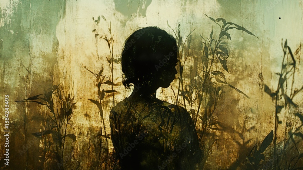 Fototapeta premium Silhouette of a Woman Amidst Nature's Embrace