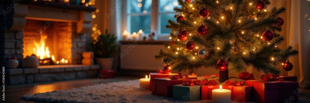 Decorated Christmas tree surrounded by presents and ornaments in a cozy living room, warm glow of candles and fairy lights, presents, cozy living room Decorated Christmas tree surrounded by presents and ornaments in a cozy living room, warm glow of candles and fairy lights, presents, cozy living room