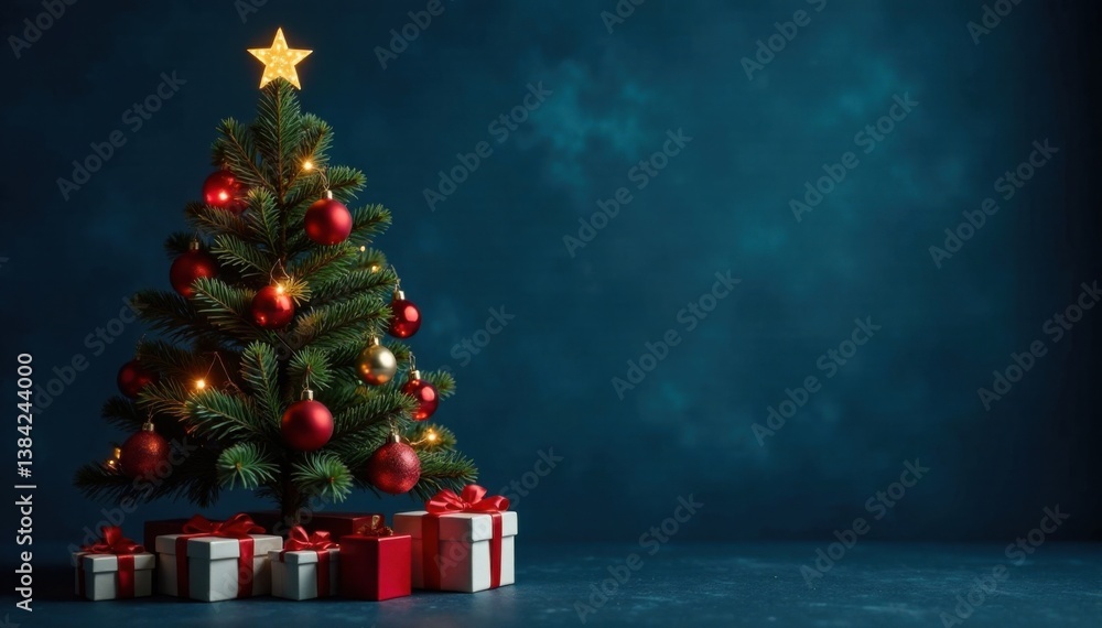 Decorated Christmas tree with ornaments and lights against a dark blue background, evergreen, snowy scene, holiday decor Decorated Christmas tree with ornaments and lights against a dark blue background, evergreen, snowy scene, holiday decor