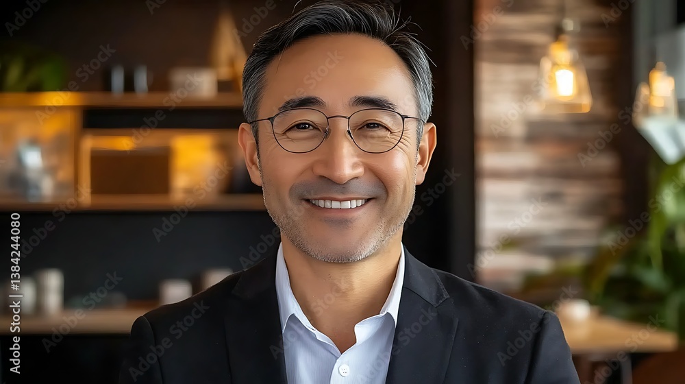 Fototapeta premium Professional Asian Man Smiling in Modern Office Environment with Warm Lighting and Natural Decor