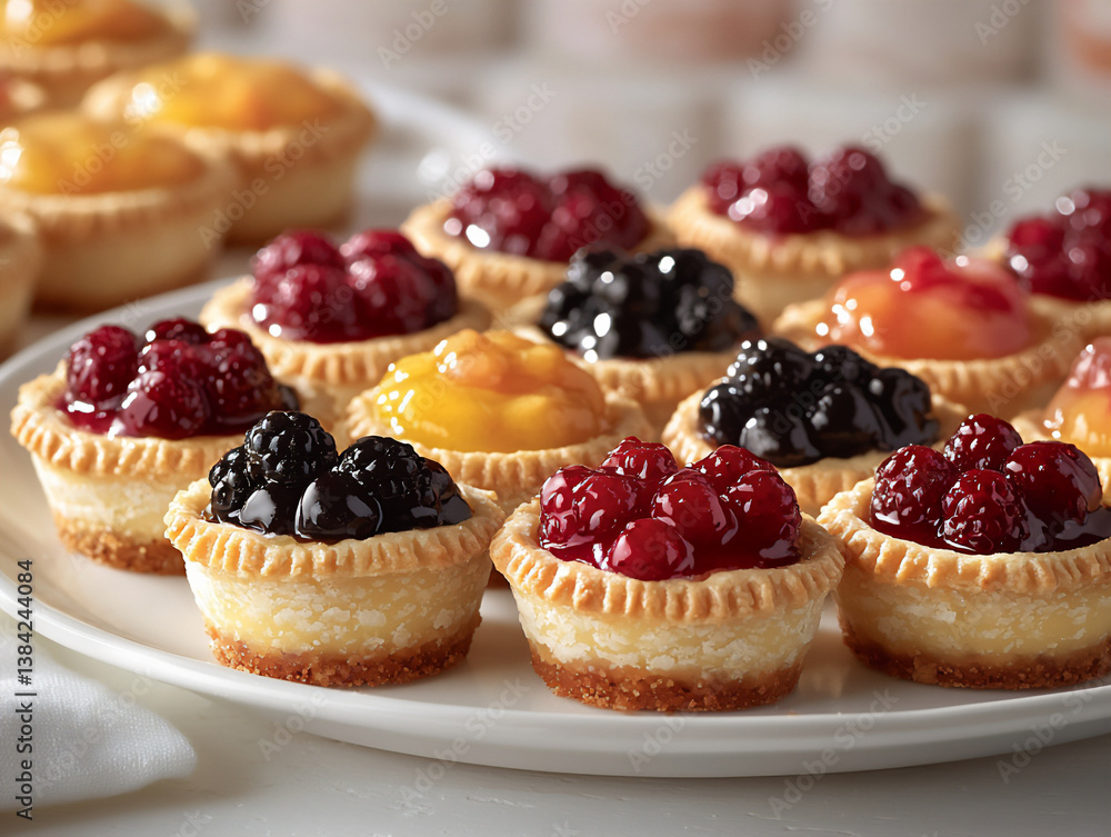 p: a plate of mini spring tarts filled with a variety of fruit custards and a shortbread crust p: a plate of mini spring tarts filled with a variety of fruit custards and a shortbread crust