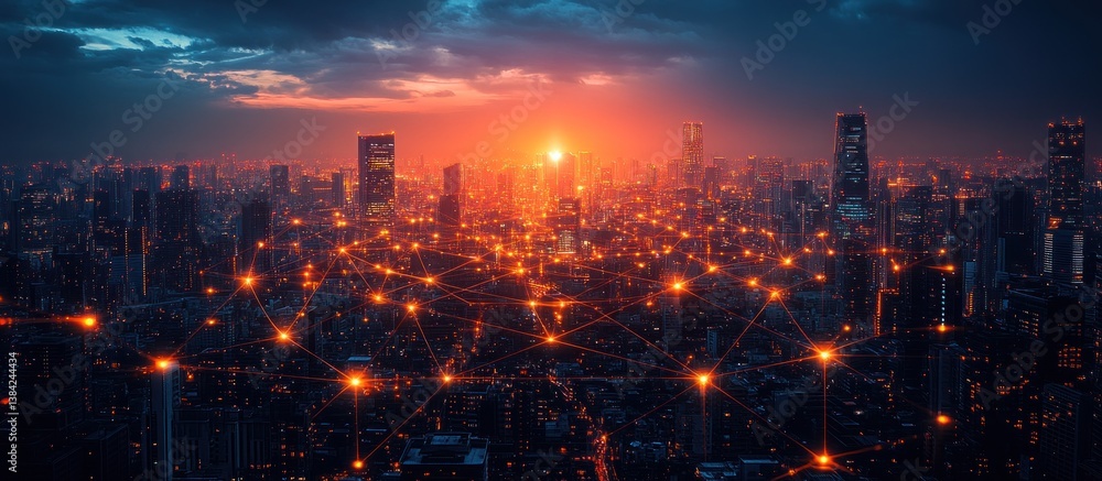 Fototapeta premium Sunset over a connected cityscape, illuminated with warm light, showcasing intricate network connections between buildings