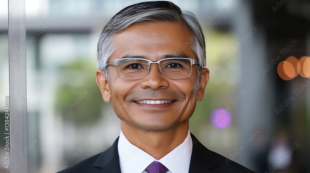 Fototapeta premium Confident Middle-aged Businessman in Glasses Smiling Outside Modern Office Building