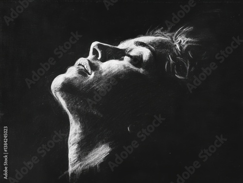 Charcoal sketch on black paper with side lighting and negative space around