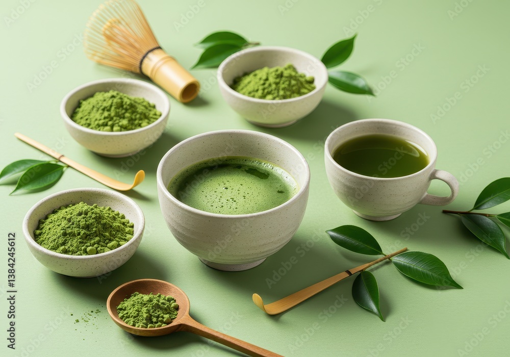 Serene flat lay of traditional matcha tea setup with whisk, powder, and brewed tea on pastel green background Serene flat lay of traditional matcha tea setup with whisk, powder, and brewed tea on pastel green background