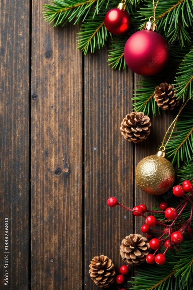 Decorative ornaments on a rustic wood background with pinecones and red berries, autumn leaves, red berries, twigs Decorative ornaments on a rustic wood background with pinecones and red berries, autumn leaves, red berries, twigs