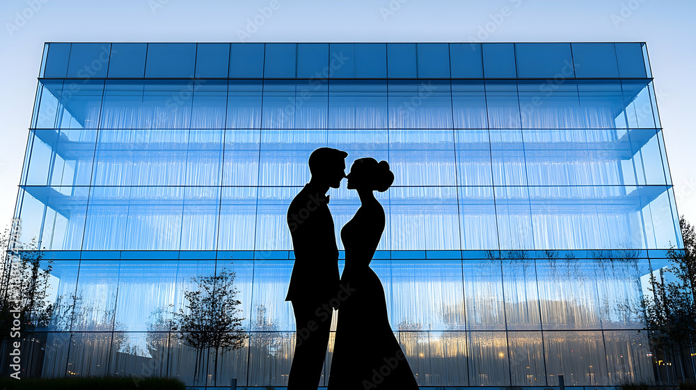 Fototapeta premium Silhouette of a couple kissing against the backdrop of a blue glass building small trees and the sky visible in the re