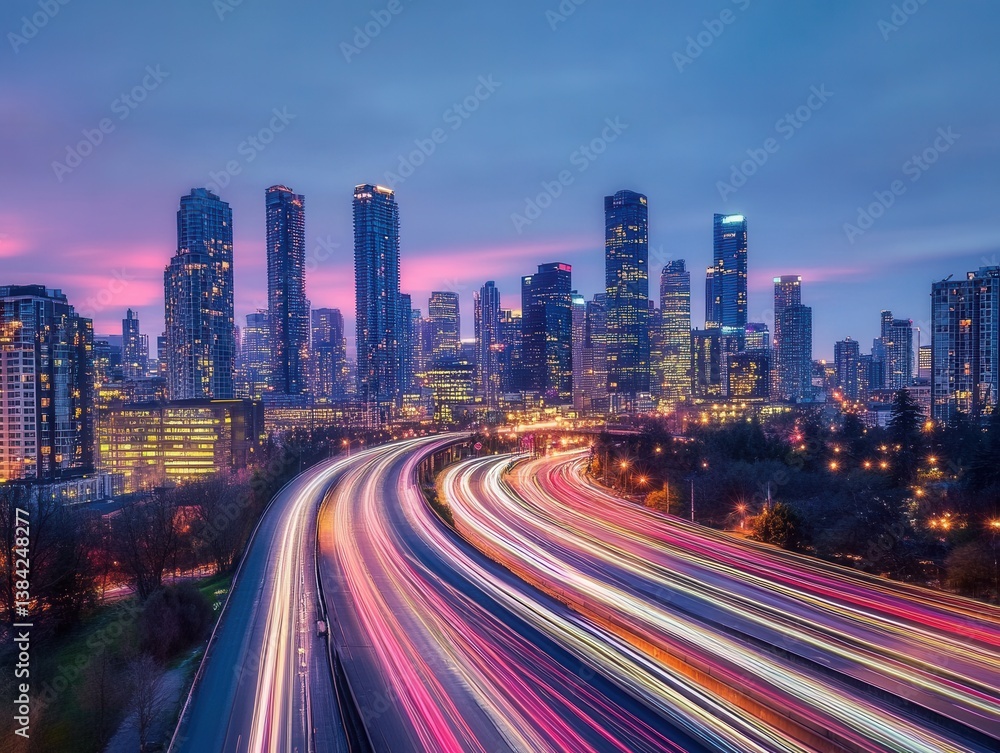 City skyline with light trails and twilight lighting and negative space on top City skyline with light trails and twilight lighting and negative space on top