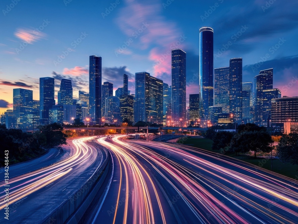 City skyline with light trails and twilight lighting and negative space on top City skyline with light trails and twilight lighting and negative space on top