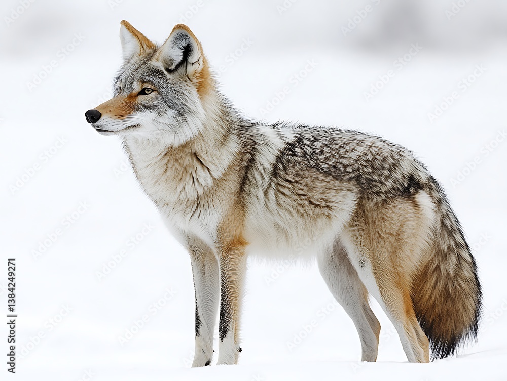 A lone coyote standing in a field of fresh white snow A lone coyote standing in a field of fresh white snow