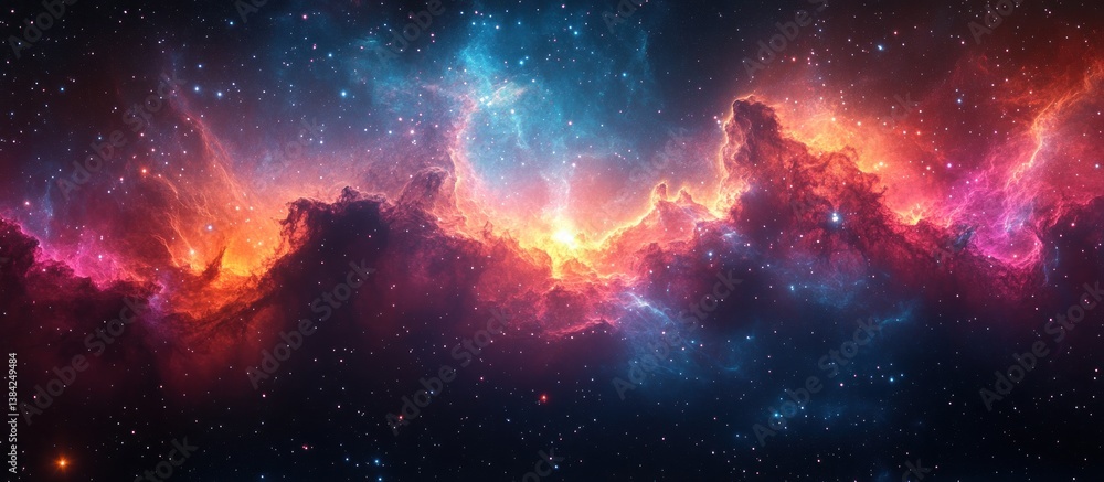 Naklejka premium Vibrant nebula with red, orange, and blue hues, scattered with stars