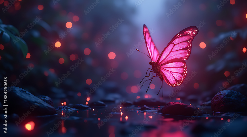 Obraz premium Glowing Neon Butterfly in Mystical Fantasy Forest