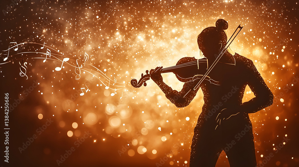 Fototapeta premium Silhouette of a woman with a violin surrounded by music notes and shimmering lights Playing stringed musical instrumen