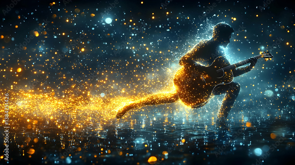 Naklejka premium Silhouette of musician holding guitar in a sparkling magical environment with water reflection