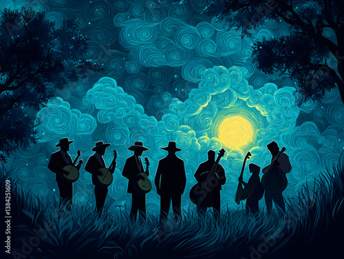 Silhouette of musicians stand in field against a swirling moonlit sky evoking a sense of whimsical mystery