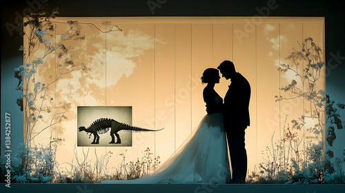 Silhouetted couple against a backdrop of flowers and dinosaur fossil art share an intimate moment