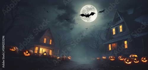Horror Full Moon with Flying Bats. Halloween event background illustration for banners and posters.