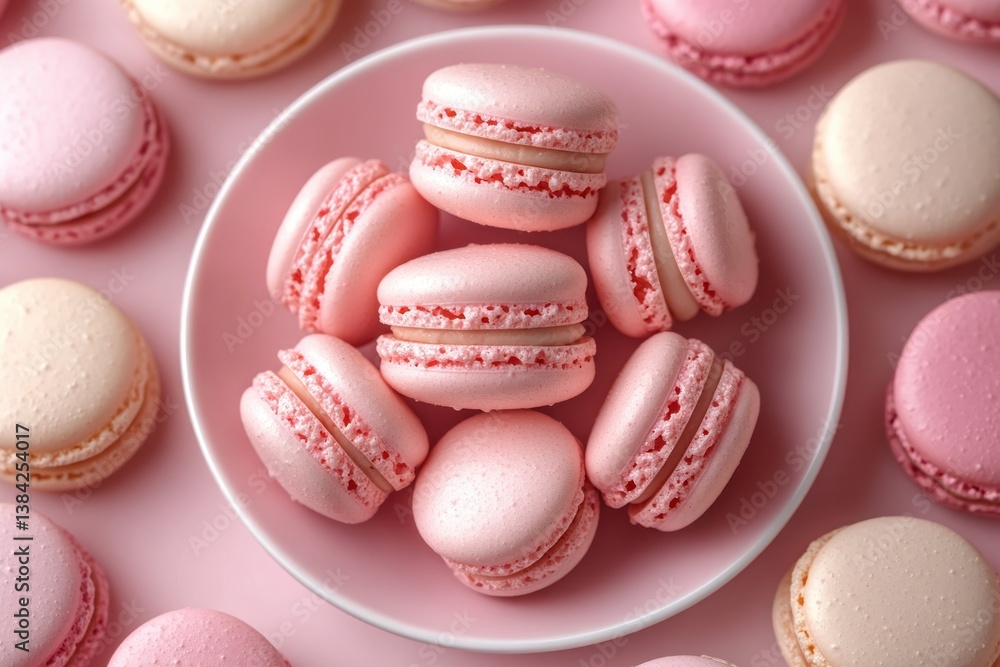 Obraz premium Minimalist flat lay of pink plate with macarons on pastel pink and white background