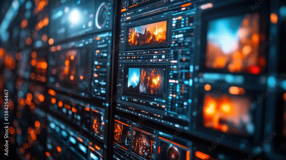 Futuristic control panel with multiple screens displaying vibrant imagery and data Futuristic control panel with multiple screens displaying vibrant imagery and data