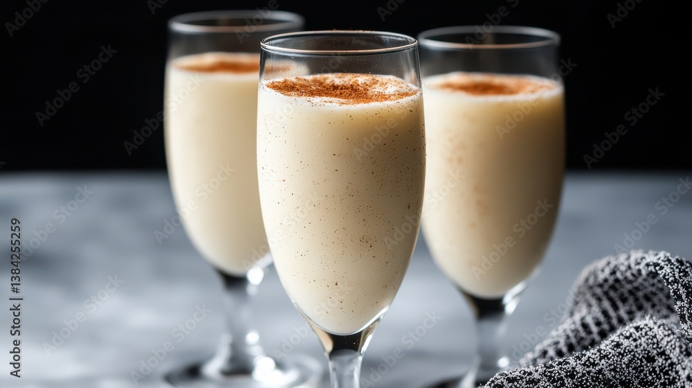 Two Elegant Glasses of Milk with Cinnamon on a Rustic Wooden Table Two Elegant Glasses of Milk with Cinnamon on a Rustic Wooden Table