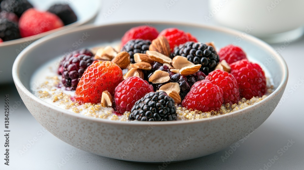 Delightful Bowl of Cereal with Fresh Berries and Crunchy Almonds Toppings Delightful Bowl of Cereal with Fresh Berries and Crunchy Almonds Toppings
