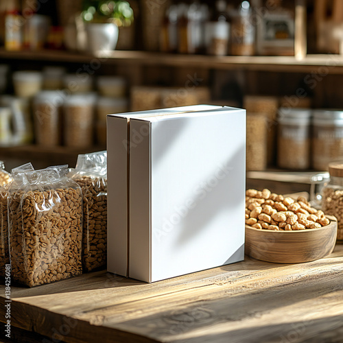 Mockup of a blank cereal box on a supermarket shelf, ready for branding