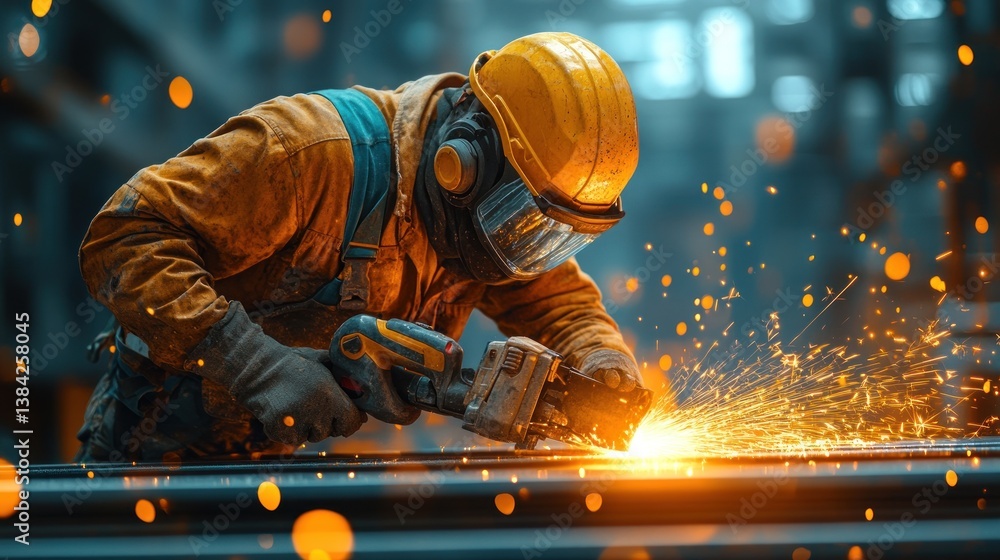 Industrial worker grinding metal, sparks flying (1) Industrial worker grinding metal, sparks flying (1)
