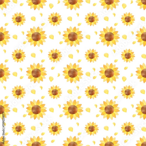ひまわりの花の背景素材　シームレスパターン　黄色　白