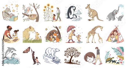 Celebrate the beautiful bond of parenthood with this heartwarming collection of illustrations featuring animal and human families. Perfect for expressing love and appreciation on Parents Day.